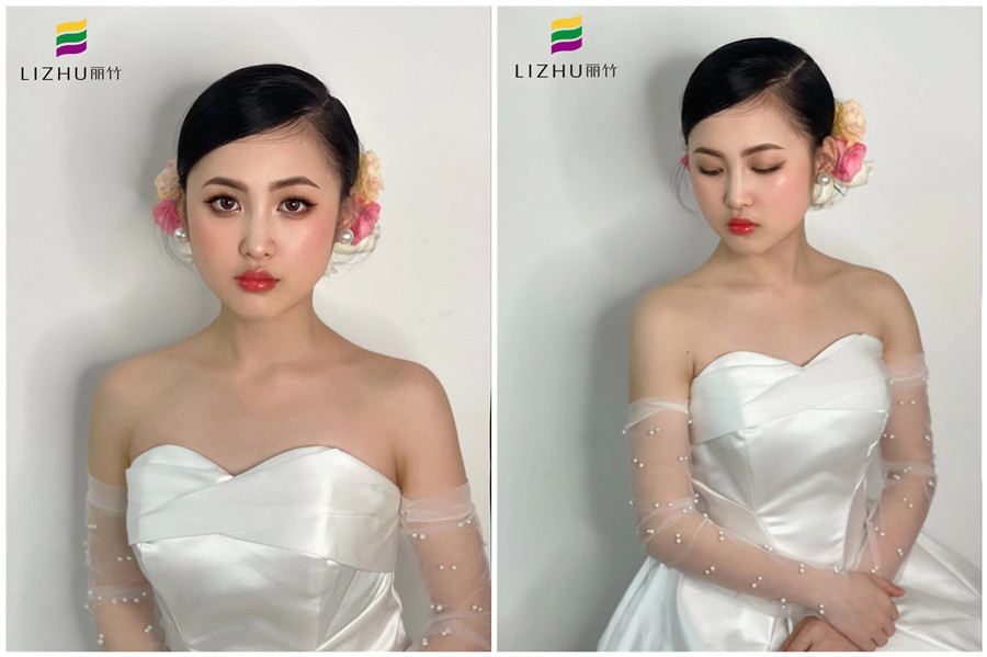 簡(jiǎn)約鮮花新娘妝容，廣西化妝學(xué)校新娘妝作品