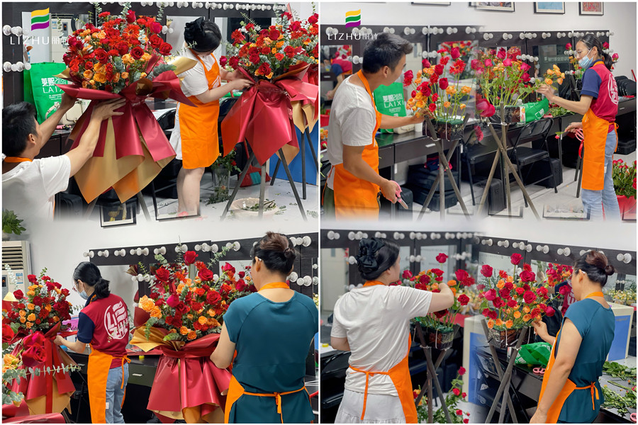 玫瑰開業(yè)花籃制作，廣西插花師學(xué)校學(xué)員作品