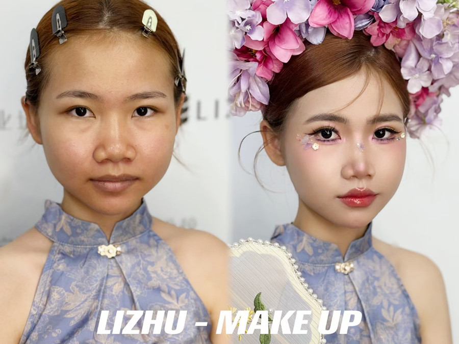 簪花造型課堂實況，廣西美妝課堂作品欣賞