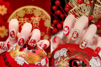 紅色喜慶卡通美甲，廣西美甲師學(xué)校整理