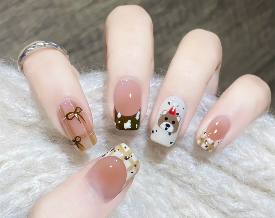 格紋小熊美甲教程，南寧市學美甲