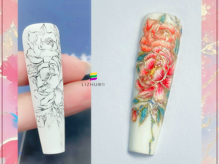 國(guó)風(fēng)刺繡牡丹美甲，廣西美甲設(shè)計(jì)學(xué)校作品