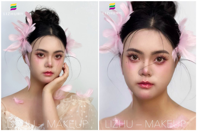 粉色羽毛寫真作品，廣西學化妝操作